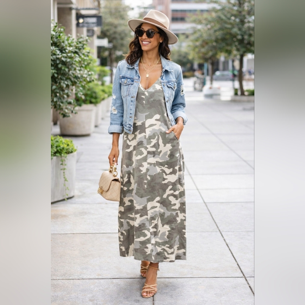 Camo V-Neck Maxi Dress - Olive Camo